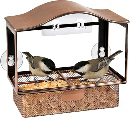 Aozzy MetallFenster vogelfutterspender,unzerbrechlich mit Saugnäpfen&Haken Außenbereich doppelte Sicherung,leicht zu reinigende herausnehmbare Schale für kleine Vögel,Robustes Gartengeschenk Kinder
