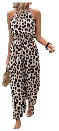 GORGLITTER Women's Leopard Print Sleeveless Jumpsuits Wide leg Halter Neck Playsuit Pants Overall Summer Holiday Dungarees Romper Summer Outfit Pink Large