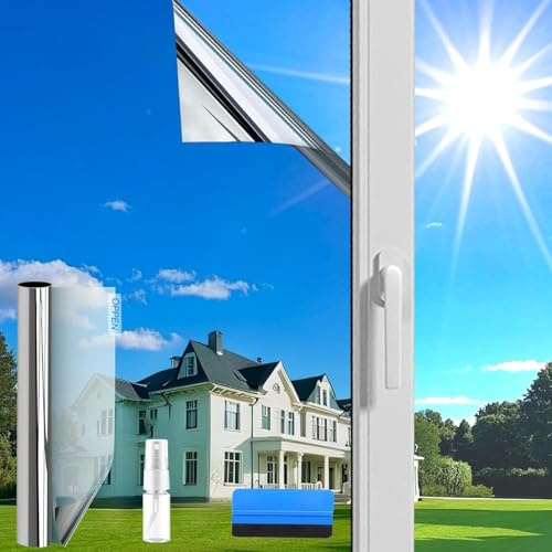 Evofensteere(110X400cm Silver) One Way Window Film Privacy Film,Sun Blocker Anti Glare UV Window Film Self Adhesive for Home and Office with Tools,Heat Reflective Mirror Window Tint Film Anti Glare