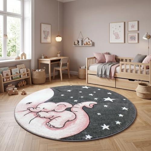 HomebyHome Runder Kinderteppich Elefant Ø120 cm Niedliches Tiermotiv in Rosa Weich & Ideal für Babys und Kleinkinder