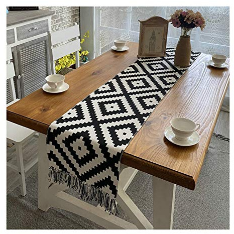 Knbob Baumwolle Leinen Schwarz Weiß Geometrisches Puzzle Muster mit Quasten Tischläufer für Esszimmer Party Urlaub Dekoration Größe 32x160CM