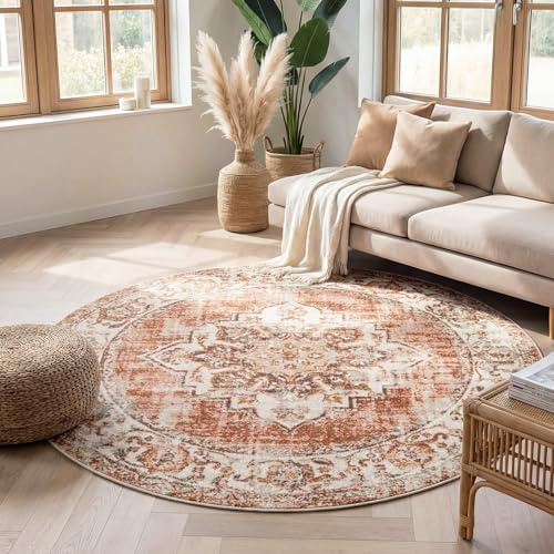 FRAAI | Home & Living Volero Teppich Vintage Rund - Spring Medaillon Terracotta Creme - Polypropylen - Kurzflor - Vintage - Boho, Orientalisch - Wohnzimmer, Esszimmer, Schlafzimmer