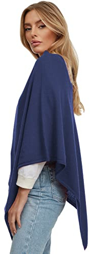 Poncho da donna, maglione lungo, lavorato a maglia, cappotto, per l'estate e l'inverno con lana e karschmir Made in Italy, Blu scuro, XXXL