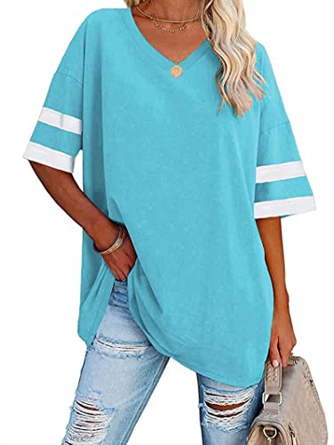 Voopptaw Damen-T-Shirt, Sommer, lässig, V-Ausschnitt, gestreift, halblange Ärmel, bequem, übergroß, Baseball-T-Shirt, Tunika, Tops, blau, M
