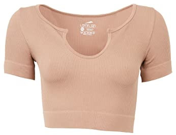 Leif Nelson Sport BH Damen Crop Top Bauchfrei Seamless Kurzarm Fitness T-Shirt Mädchen Sport Shirt Yoga Kurzarmshirts LN-8419 Braun XS/S