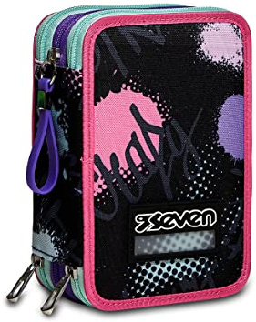 Seven Astuccio Scuola 3 Zip, Rosa e Nero, Pinkypois Girl, Triplo Scomparto Completo di Matite, Penne e Pennarelli, Accessori Scuola, Accessori Zaini, Scuola, Bambine e Ragazze