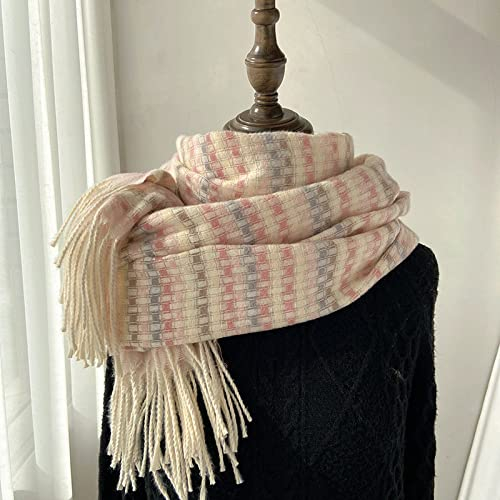 WLLDDDIU Strickschal Damen Winterschals Creme Weich Warm Dick Decke Farbe Gitter Quaste Kaschmir Fühlen Sich Lang An Großer Schal Winterdecke Schal Trendige Stola Schals Für Frauen Mädchen