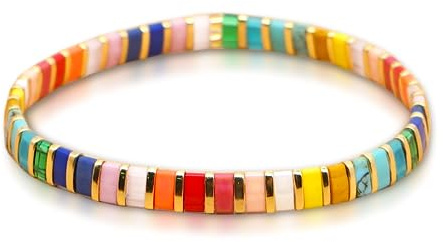 Sonateomber Tila platt pärlstav stretcharmband för kvinnor tonårsflickor – trendig unik vänskap handgjorda färgglada fyrkantiga fröpärlor strandlänk armband stapelbara smycken vän gåvor, 7.5 inches
