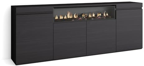 Skraut Home | Aparadores para salón | Gran Capacidad de almacenaje | 200x75x35cm | 4 Puertas | Chimenea eléctrica | Estilo Moderno | Negro