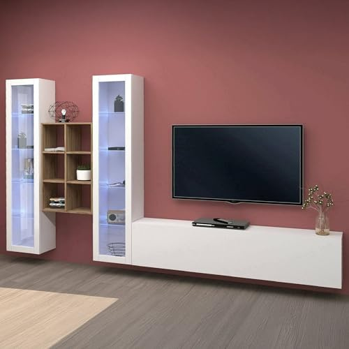 Dmora - Système mural Eros, meuble TV 3 portes, Meuble de salon polyvalent avec vitrine et lumière LED, 100% Made in Italy, 320x30h180 cm, Blanc brillant