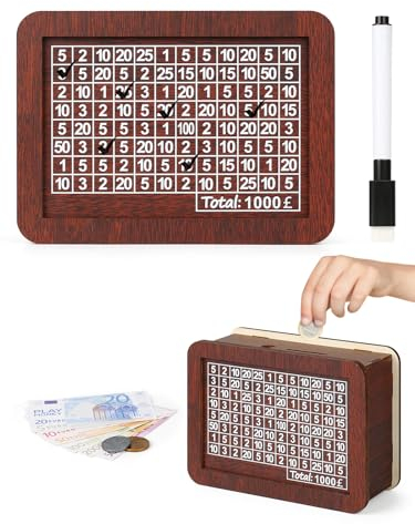 Wooden Money Box, Wooden Money Box with Counter, £1000 Saving Challenge Cash, Saving Bank Help Budget Boxes With Erasable Pen, Reusable Money Bank for Saving Challenge, Christmas Birthday Gift