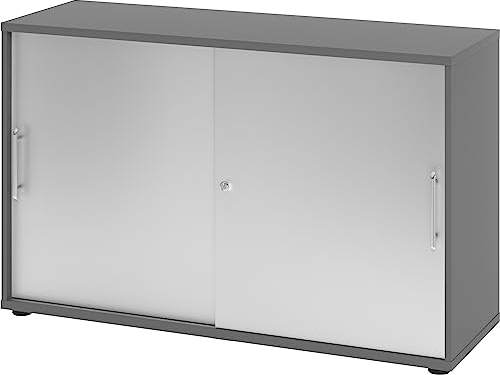 bümö Schiebetürenschrank 2OH - Aktenschrank abschließbar, Sideboard Schrank mit Schiebetüren in Graphit/Silber, Relinggriff - Büroschrank aus Holz mit Schiebetür, Büro Kommode für Ordner & Co.