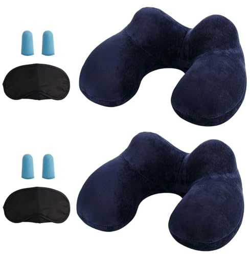 LUZWAY Oreiller de Voyage Gonflable avec Double Vanne,Coussin de Cou Gonflable de Velours Doux et Housse Lavable avec Bouchon d'oreille et Masque pour Les Yeux
