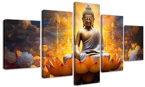 DJSYLIFE Goldener Buddha-Wandkunst, 152,4 x 81,3 cm (B x H), 5-teiliger Leinwanddruck | Großes Zen-Fotobild, HD, für Yoga-Raum, Heimdekoration, Wohnzimmer, gerahmt, fertig zum Aufhängen