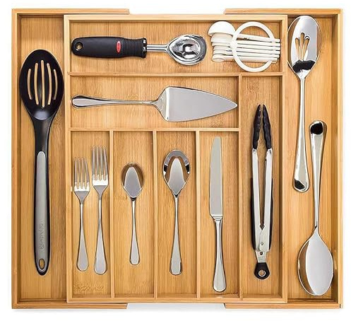 KasaBona Bamboo Cutlery Tray, 9 Compartment Utensil Holder for Kitchen Drawer, Large Extendable Organiser for Knife, Forks and Cutlery