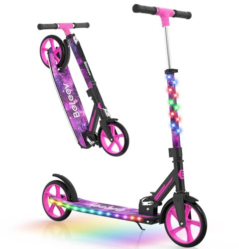 BELEEV V9 Monopattino Pieghevole con Ruote Grandi 200mm, LED Illuminate Stem & Deck, per Bambini e adulti fino, Big Wheels e con Altezza Regolabile, Cinghia di Trasporto, Antiscivolo, City Scooter