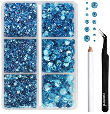 Beadsland Hotfix Strasssteine Set,Aquamarin,6 Größen gemischt,4000 Stk | Blau Strasssteine für Textilien,SS6-SS30,Glasmaterial,für Kleidung,Kunsthandwerk,mit Wachsstift und Pinzette