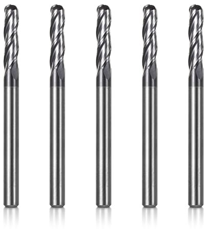 Genmitsu 5pcs Ball Nose End Mills CNC Router Bits, 1/8 Shank Tungsten Steel CNC Cutter with 3-Flute Carving Bit Set, 1-1/2” Overall Length TiAlN Coated for Aluminum, Metal, Plastic, MDF, Wood, 3BNB05