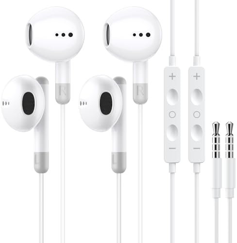 2 Pack Écouteurs Filaire, Ecouteurs Intra-Auriculaires avec Jack 3,5mm, Casque Antibruit avec Microphone, Compatible avec iPhone, iPad, MP3, Samsung, Écouteurs avec contrôle du Volume et Jack 3,5mm