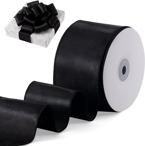 FAKILO Geschenkband Satinband mit Draht 63 mm x 18 m Schleifenband Schwarz Drahtband dient als Geschenkband, Christbaumband, Schmuckband für Kränze, Bastelband und Hochzeitsband