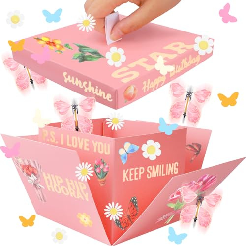 Schmetterlings-Explosions-Geschenk-Box, DIY, einzigartige explodierende Überraschung, rosa Geschenkbox mit Blumenaufklebern, Überraschung fliegender Schmetterling, Explosionsbox für Muttertag