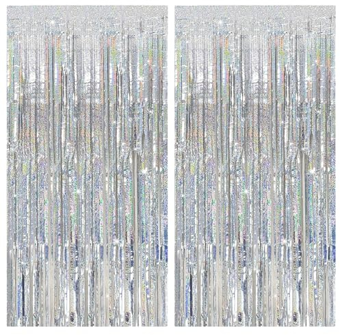 SHUOHONG 2 Stück Lametta Vorhang, Glitzer Vorhang Geburtstag, Party Vorhäng Foto Hintergrund, Luftschlangen Geburtstagsdeko, Regenbogen Fastnacht Folien Fransenvorhänge (Silber)