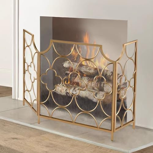 Schermo per Camino Schermo per Camino in Metallo con 3 Pannelli Pieghevoli dal Design Geometrico, coperture Decorative per caminetti da Soggiorno, griglia parascintille Personalizzabile