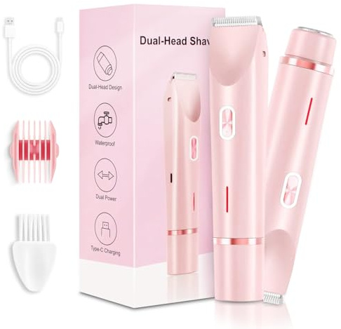 Glow Aura Womens Shaver, 2-in-1Dual Head Shaver, Ipx7 Waterproof Bikini Trimmer Women, USB Rechargeable Lady Shavers for Women Leg Arm Underarm Pubic Area, Wet & Dry (Pink)