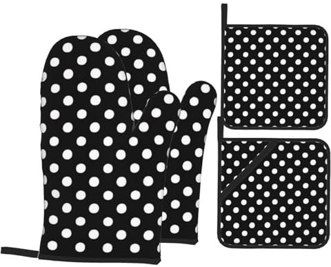 Set di 4 guanti da forno e presine a pois bianchi e neri, isolanti, antiscivolo, guanti da forno per cucinare, cuocere al forno, grigliare