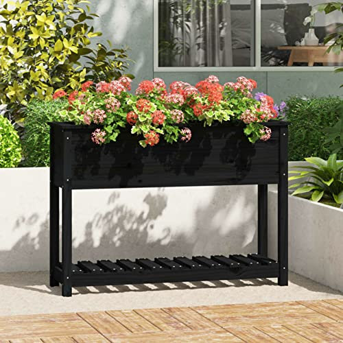 Fasba Hochbeet Gartenbeet Pflanzbeet Frühbeet Pflanzkübel Pflanzkasten Blumenkübel Gemüsebeet Blumenkasten mit Ablage Schwarz 111,5x34,5x81 cm Kiefernholz