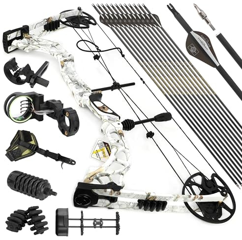 surwolf Compoundbåge kit, Jakt och målsättning,Bågskytte båge och pilar set,Dragvikt 35-70 lbs Justerbar,IBO hastighet 320fps Paket med bågskytte jakttillbehör (vit camo set1)