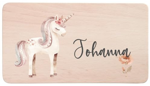 minimutz Brotzeitbrett Kinder mit buntem Aufdruck, Personalisiert mit Name, Frühstücksbrettchen Holz Bunte Tiere, Holzbrett Buche 22 x 12 x 1 cm Einhorn
