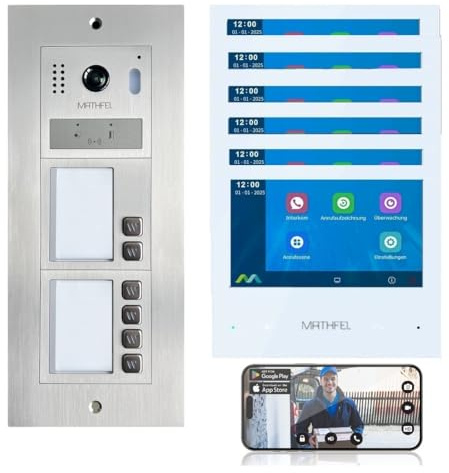MATHFEL 2-Draht-IP WLAN Video-Türsprechanlage mit RFID und 2 Jahren Garantie – Komplettset für 6-Familienhäuser mit 6X 7-Zoll-Monitoren, Full-HD-Bildauflösung, Edelstahl-Front und Farbnachtsicht
