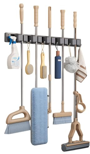 XiaXiKaiTech Wall Mounted Broom Mop Holder - 60cm Grey Heavy Duty Utility Organizer with 5 Slot 6 Hooks for Kitchen,Bathroom,Garage, Garden Tool Storage.