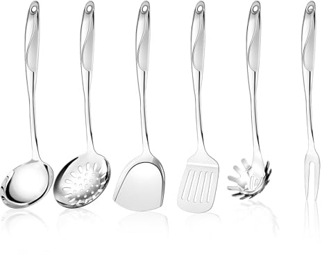 Hunnycook Lot de 6 ustensiles de cuisine en acier inoxydable, louche à soupe, écumoire, spatule, spatule fendue, cuillère à spaghetti et fourchette à viande, trou de suspension, passe au