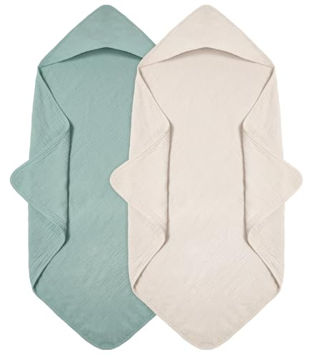 Huvhandduk baby 2-pack, muslinbomull, babyhandduk, huva, mjuk och absorberande babyhandduk med huva, lämplig för nyfödda och spädbarn 0–18 månader, 76 x 76 cm, Grön