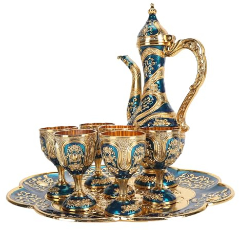 Fafeicy Set di tè Turco in Lega di Zinco Set da caffè Vintage con Tazze e Tazze da tè Multifunzionali Vasso (Blu oro)
