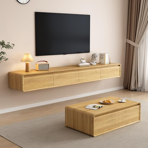 LVRUIEDS Mueble de TV flotante, consola multimedia con 2 puertas abatibles y 2 cajones, armario de TV para centro de entretenimiento