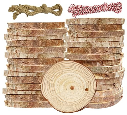 YOOSI 30 Pezzi Dischi in Legno 7-8 cm con Foro, con Corda da 20 m, Tronco Legno Perfetti per Fai da Te, Artigianato, Matrimoni, Decorazioni Natalizie