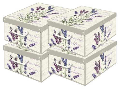 Set aus 4 Aufbewahrungsboxen mit Deckel – Große Kleiderboxen aus Karton 25x35x17,5 cm – Robust, leicht zu montieren, mit Tragegriffen – Perfekt für Kleiderschrank & Saisonwechsel Lavendel