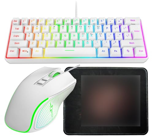Tosuny Teclado y Ratón para Juegos con Cable, Teclado Retroiluminado RGB 61 Teclas y Ratón óptico 3600 dpi Combinado con Alfombrilla para Ratóns, Teclados de Sensación Mecánica (Conjunto Blanco)