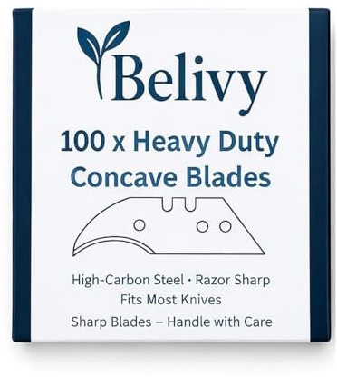 Belivy Concave Utility Knife Blades 100 Pack – Heavy Duty Curved Replacement Blades for Flooring, Vinyl & Carpet Cutting – Professional Grade Hardened Steel, Fits All Standard Utility Knives