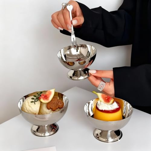 Tissting Glasskoppar i rostfritt stål, dessertskålar klara glassskålar trippelskål serveringsfat för desserter, Sundae, sallad, cocktail, smaktillsats (korta fötter x 4)