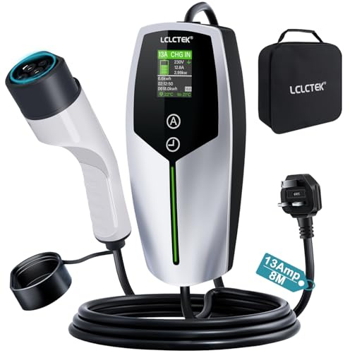 LCLCTEK® 3KW EV Charger Cable Type 2 to 3 Pin Plug 8m/26Ft,Portable UK 3 Pin EV Charger,Electric Car Charger [6/8/10/13A],Car-Charger with LED Display, IP65 Waterproof,Type 2 Cable EVs and PHEV