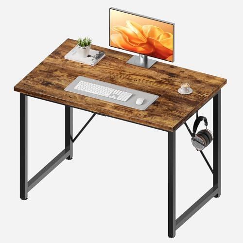 JUMMICO Schreibtisch 100 x 60 x 75 cm, Computertisch mit verstellbaren Füßen, Haken, 60 kg Tragkraft und wasserfester Platte, für Homeoffice und Studierzimmer, Vintage Braun