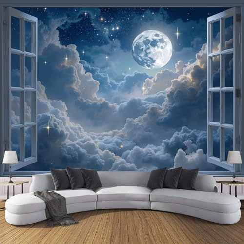Papier Peint Panoramique Nuages De Pleine Lune, Bleu Profond Papier Peint Soie Mural 350x256cm 3D Photo Wallpaper Pour Chambre D'enfants - Vue Nocturne 3D Par La Fenêtre Poster Tableaux Photo Muraux