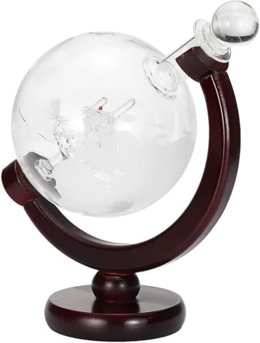 Berpar Globe Whiskey Decanter 850ml with Ship in Bottle, Hand Blown Borosilicate Glass with Wooden Stand for Spirits Display