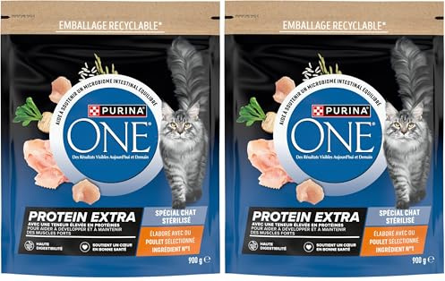 PURINA ONE | Protein Extra | Croquettes Spécial Chat Adulte Stérilisé | Teneur élevée en protéines et acides aminés pour Aider à développer et à Maintenir des Muscles forts | Poulet | Sac| 900g