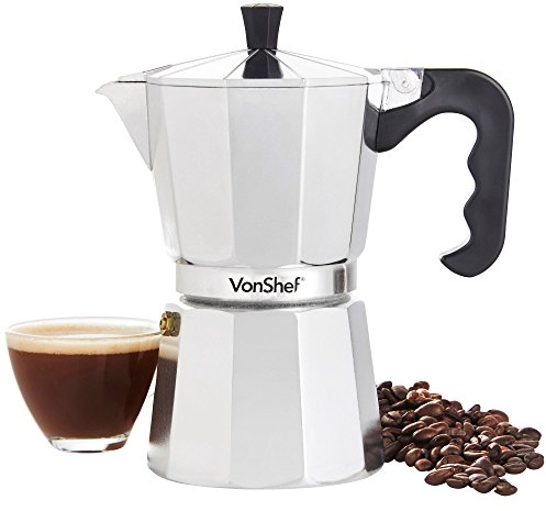VonShef Stovetop Coffee Maker, 6 Cup Aluminium Italian Espresso Maker, 300ml Gas & Electric Stove Top Moka Pot with Replacement Gasket & Filter