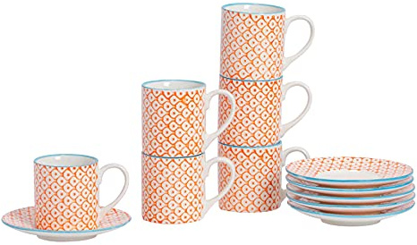 Nicola Spring 12 Piece Hand Printed Orange Espresso Cup and Saucer Set 65ml Stoneware Coffee Cups with Saucers Shabby Chic Patterned Design Dishwasher Microwave Safe